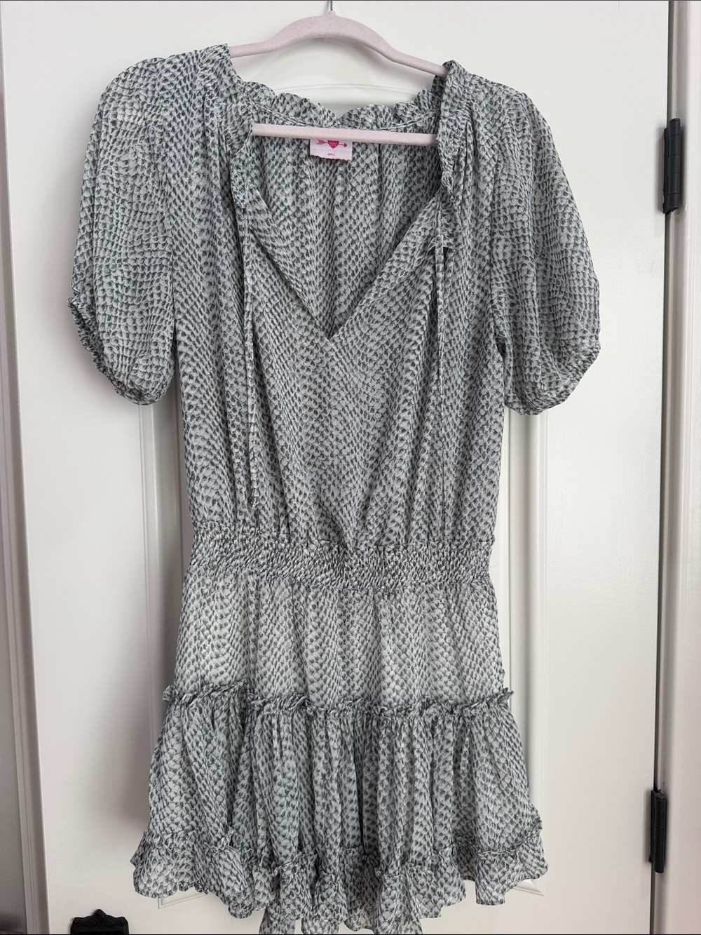 Buddy Love Gray Patterned V-Neck Smocked Waist Ruffle Dress